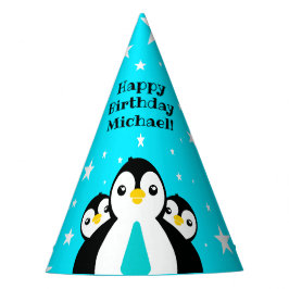 Gorro De Fiesta Cute Feliz Cumpleaños Pingüinos Cuellos Azules