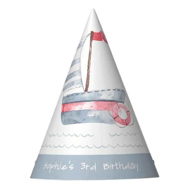 Gorro De Fiesta Cute Nautical Soft Red Blue Sailboat Kids Cumpleañ (Anverso)