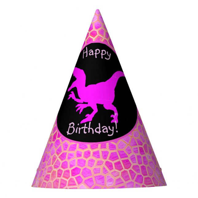 Gorro De Fiesta Dinosaurio Rosa Esconde Feliz Cumpleaños! (Anverso)