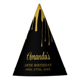 Gorro De Fiesta Dulce de lujo negro y oro Purpurina Drip 16 cumple