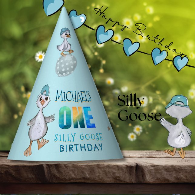 Gorro De Fiesta El primer cumpleaños de un niño azul dulce Goose (Silly Goose 1st Birthday Blue Boy's Party Hat)