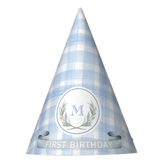 Gorro De Fiesta Escudo de Blue Gingham Laurel personalizado (Anverso)