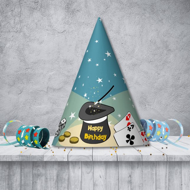 Gorro De Fiesta Espectáculo de Magia para Niños Feliz Cumpleaños (Magic Show Happy Birthday Blue Kids Party Hat, Custom Text, Color)