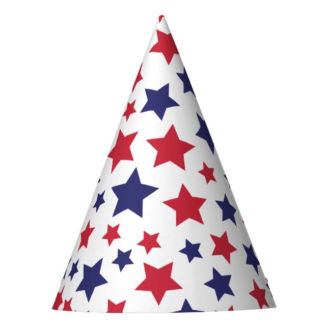 Gorro De Fiesta Estrellas Rojas y Azules, 4 de Julio, Fondo Blanco (Anverso)