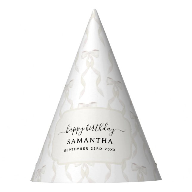 Gorro De Fiesta Fancy Watercolor White Bow Cumpleaños (Anverso)