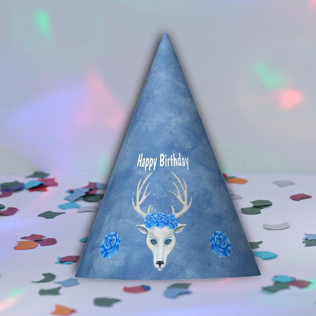 Gorro De Fiesta Fantasía Cabeza blanca de venados Antlers Rosas az (White fantasy deer head big antlers with blue roses on blue Happy Birthday paper party hat.)