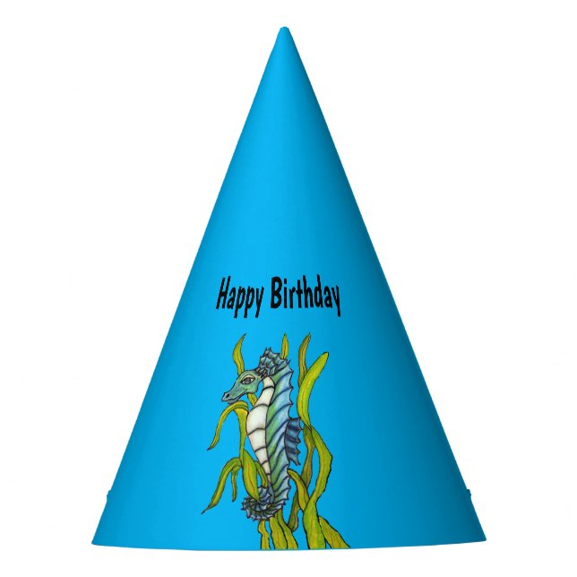 Gorro De Fiesta Feliz cumpleaños Fantasy Seahorse Seaweed Blue (Anverso)