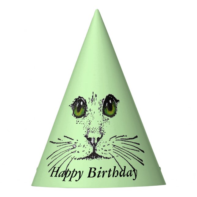 Gorro De Fiesta Feliz cumpleaños, gato, cara de grandes ojos verde (Anverso)