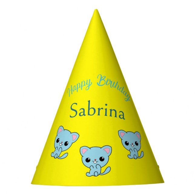 Gorro De Fiesta Feliz cumpleaños lindos gatitos azules amarillos (Anverso)