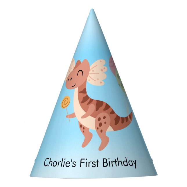 Gorro De Fiesta Feliz Diloposauro Dinosaurio con globos (Anverso)