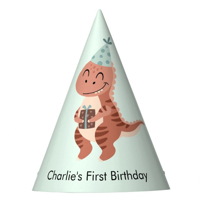 Gorro De Fiesta Feliz Dinosaurio T-rex con regalo de cumpleaños y (Anverso)