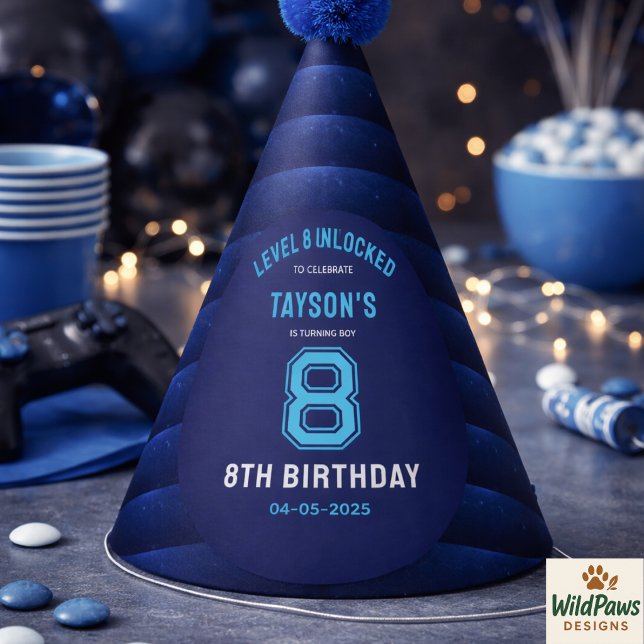 Gorro De Fiesta Fiesta de cumpleaños 8 moderno genial azul para ni (Boys Modern Cool Blue Gaming 8th Birthday Party Hat
)