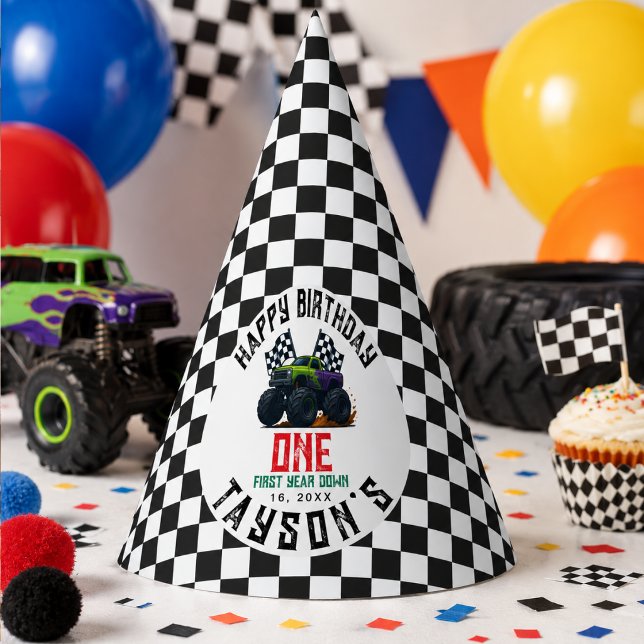 Gorro De Fiesta Fiesta de cumpleaños de Monster Trucks con vroom (Monster Trucks 1st Birthday Vroom Party Hat
)