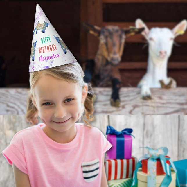 Gorro De Fiesta Fiesta de cumpleaños personalizada de cabra (Cute goat colorful farm animal art happy birthday custom name paper hat watercolor splash any age)