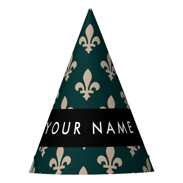 Gorro De Fiesta Fleur de Lis, Beige on Green, Royal, Your Name (Anverso)