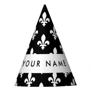 Gorro De Fiesta Fleur de Lis, Blanco sobre Negro, Blanco, Tu Nombr