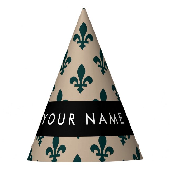 Gorro De Fiesta Fleur de Lis, Green on Beige, Royal, Your Name (Anverso)