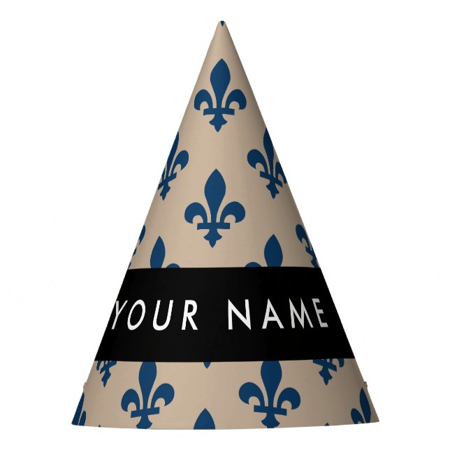Gorro De Fiesta Fleur de Lis, Navy Blue on Beige, Royal, Your Name (Anverso)