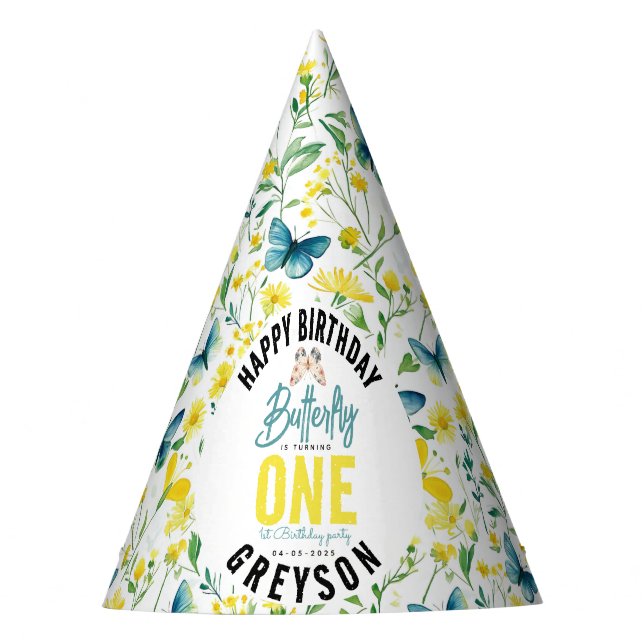 Gorro De Fiesta Floral de mariposa singulares 1º cumpleaños (Anverso)