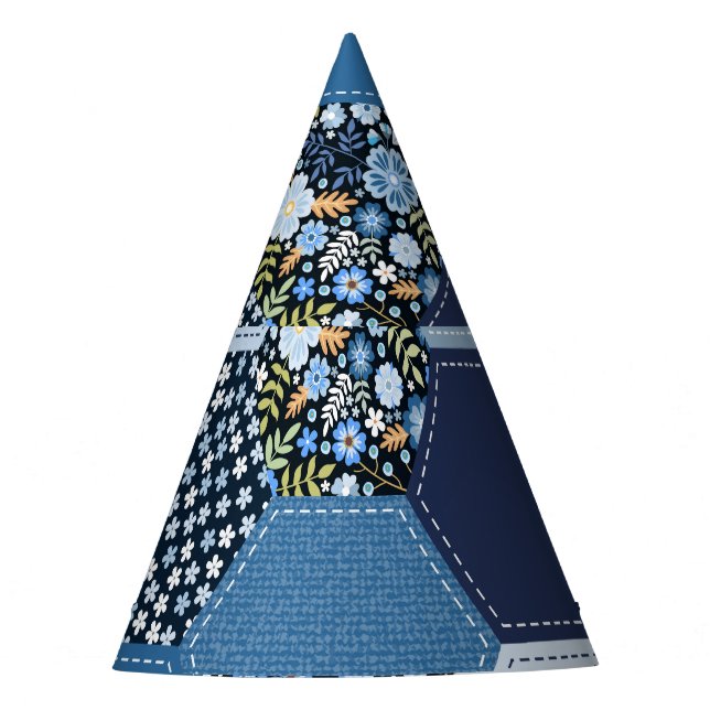 Gorro De Fiesta Floral, retazos denim: patrón azul. (Anverso)
