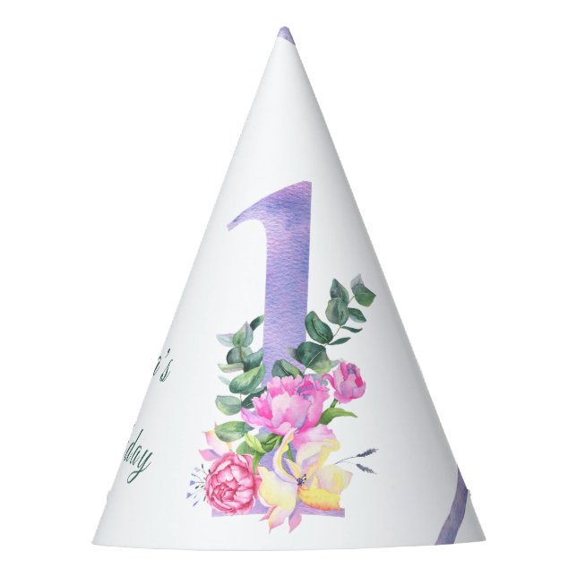 Gorro De Fiesta Flowers purple ribbon first birthday party (Anverso)