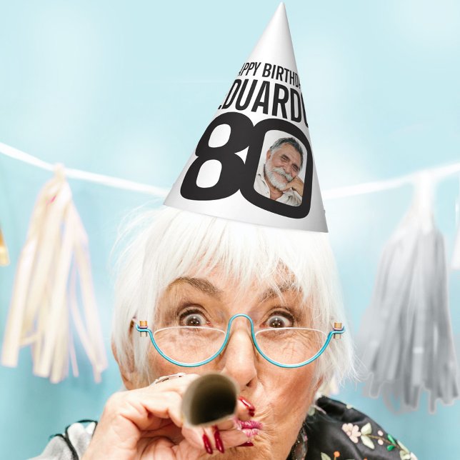 Gorro De Fiesta foto personalizada cumpleaños 80 blanco negro mono (Subido por el creador)