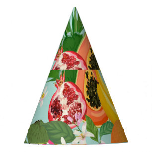Gorro De Fiesta Frutas tropicales, flores: fondo vintage.