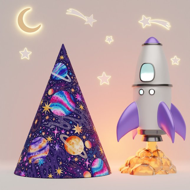 Gorro De Fiesta Galaxia espacial con planetas cometas y estrellas (Outer Space Galaxy with Planets Comets and Stars Party Hat)