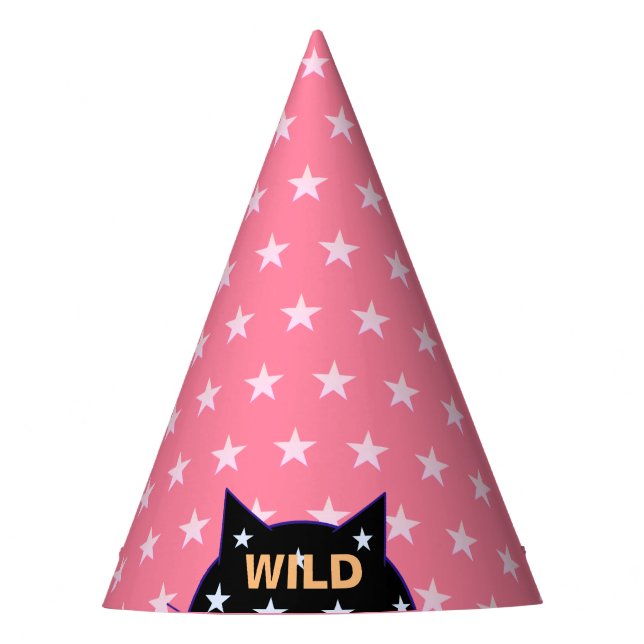 Gorro De Fiesta Gato negro salvaje y estrellas rosadas (Anverso)