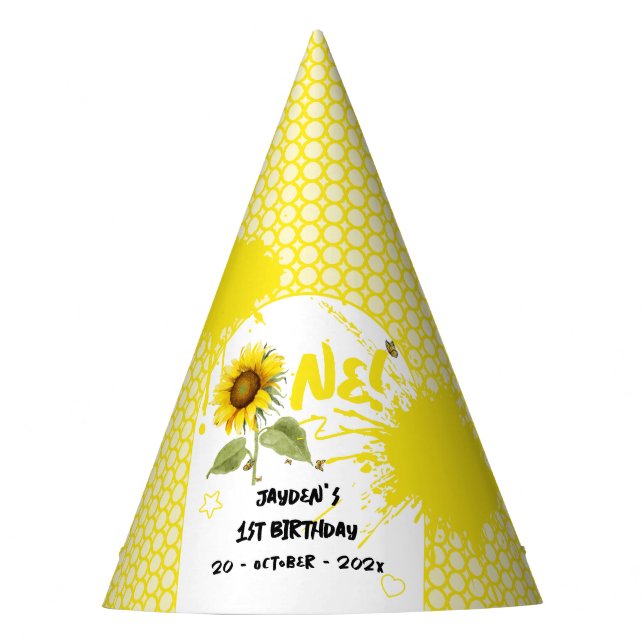 Gorro De Fiesta Girasol acuarela con mariposas Cumpleaños 1 (Anverso)