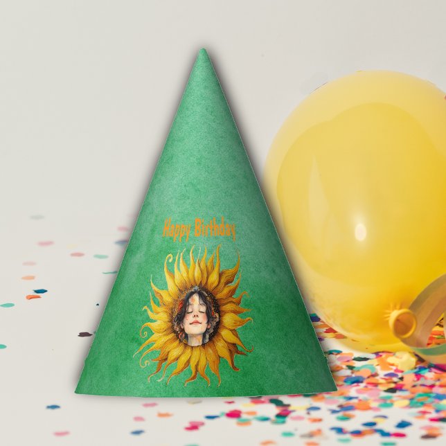 Gorro De Fiesta Girls Face in Big Yellow Sunflower Birthday Green (Face of cute brown haired girl in center of big yellow sunglower on  Birthday green paper party hat.)
