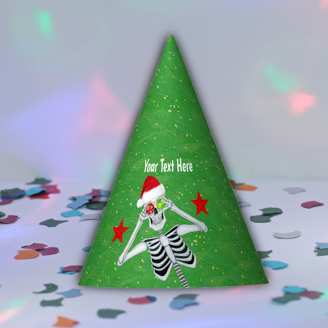 Gorro De Fiesta Goofy Skeleton Holding Ornaments Santa Hat Green (Cute Skeleton holding ornaments to eyes red stars on gold speckled green paper party hat.)
