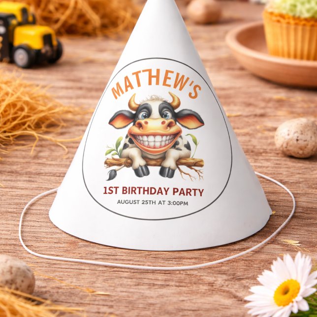 Gorro De Fiesta Granja de Vaca Loca y Divertida Tema Cumpleaños 1  (Cute Crazy Cow Farm Theme 1st Birthday Hat)