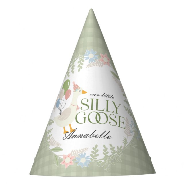 Gorro De Fiesta Green Silly Goose Floral Gingham Birthday Favor (Anverso)