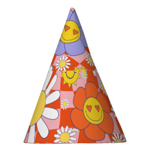Gorro De Fiesta Groovy Daisy Floral Checkerboard, años 90