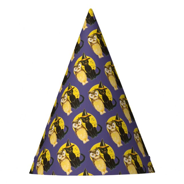 Gorro De Fiesta Halloween anticuado, gato negro y búho (Anverso)