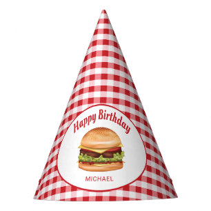 Gorro De Fiesta Hamburguesa En El Patrón Red Gingham Feliz Cumplea