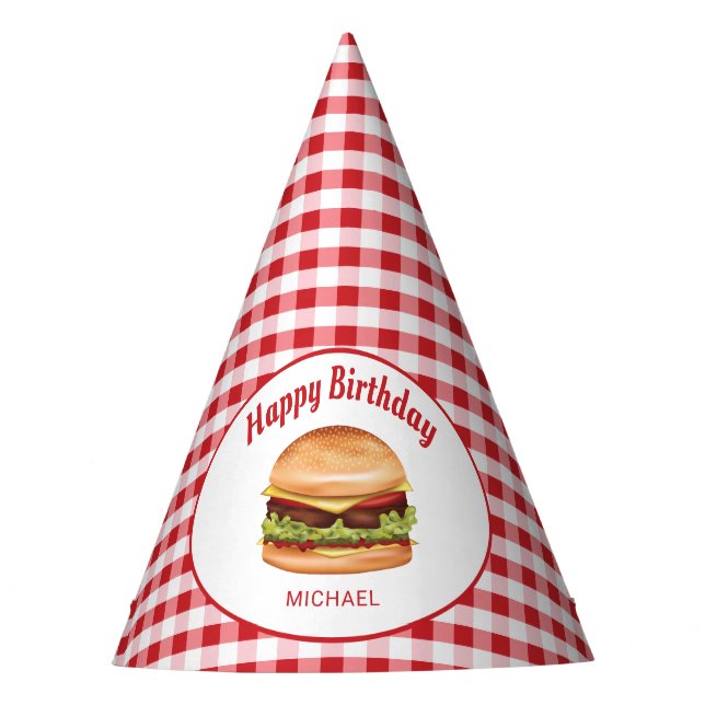 Gorro De Fiesta Hamburguesa En El Patrón Red Gingham Feliz Cumplea (Anverso)