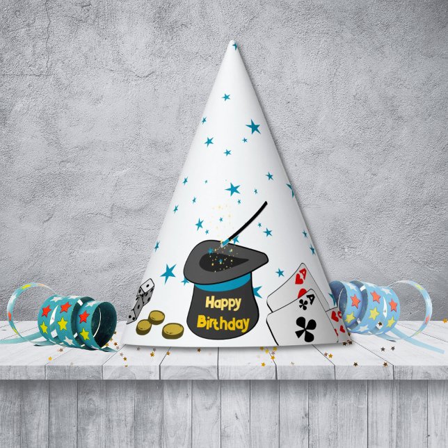 Gorro De Fiesta Happy Birday Magic Show Black White Blue Kids (Happy Birthday Magic Show Black White Blue Kids Party Hat, Customize Text, Colors)