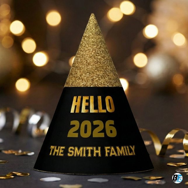 Gorro De Fiesta Hello 2026 Black & Gold Glitter Custom Family Name (Hello 2026)