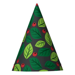 Gorro De Fiesta Hojas verdes, bayas rojas, patrón de hojas