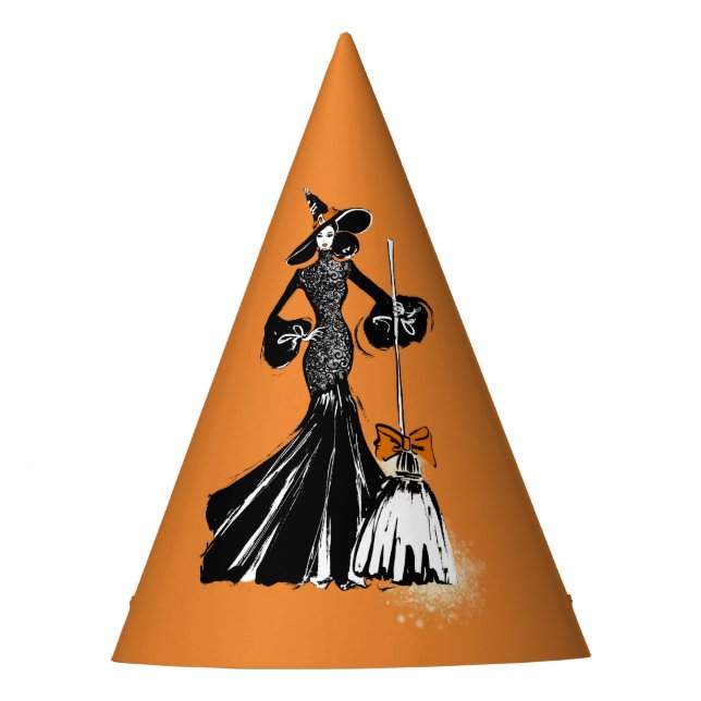 Gorro De Fiesta ilustración de moda de halloween con escoba (Anverso)