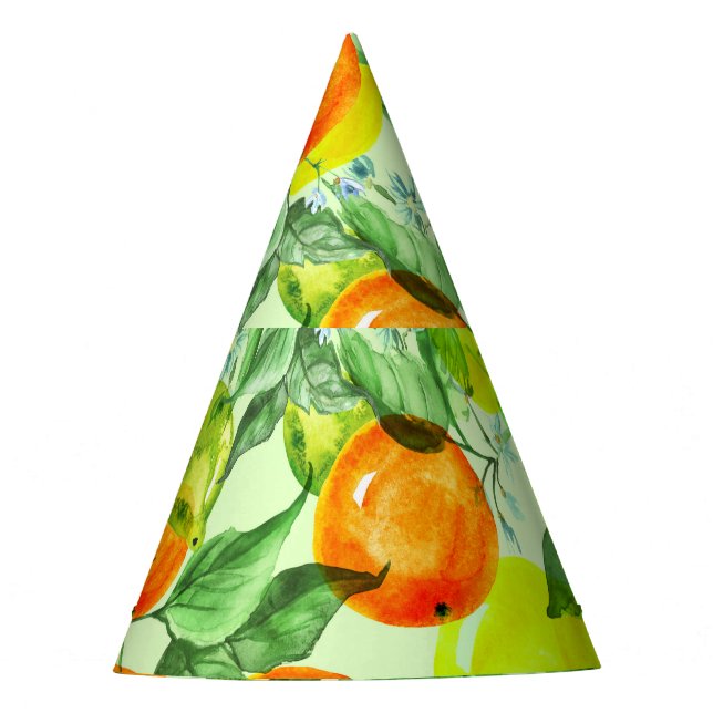 Gorro De Fiesta Lemones acuarelas, flores, patrón cítrico. (Anverso)