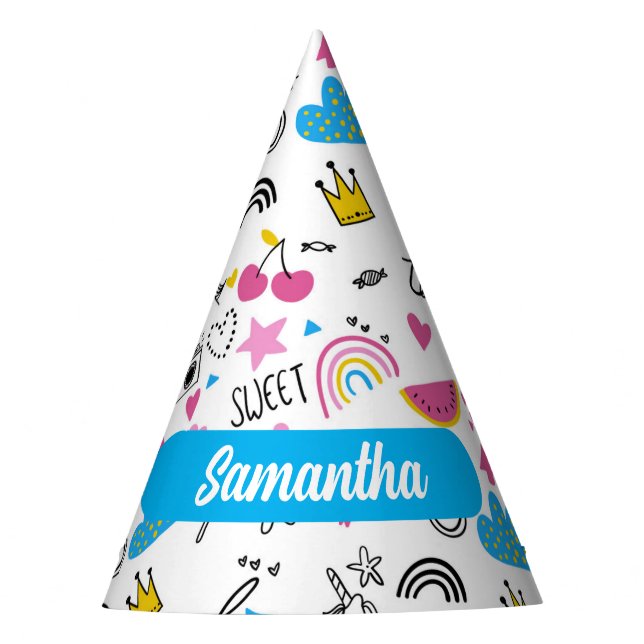 Gorro De Fiesta Lindo y caprichoso nombre unicornio patrón arcoiri (Anverso)