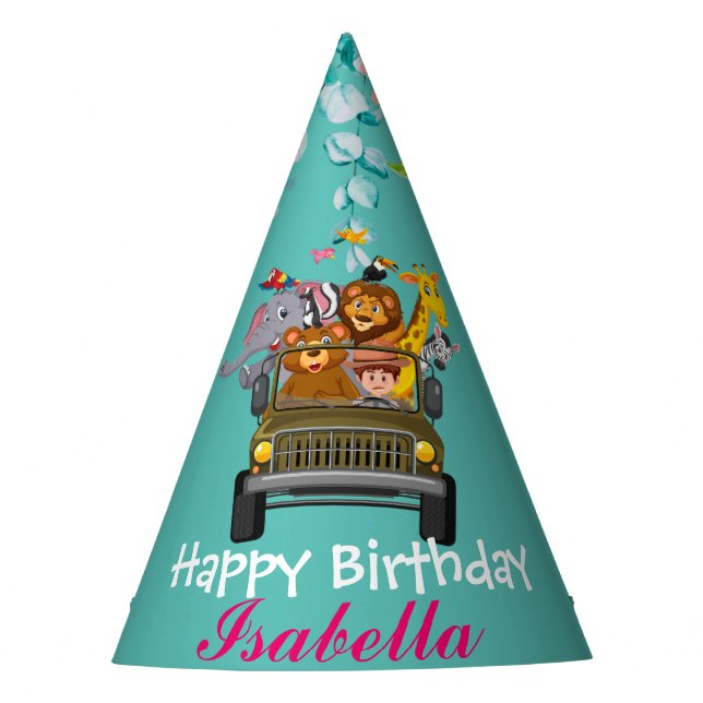 Gorro De Fiesta lindo zoológico de safari jungla Cumpleaños floral (Anverso)