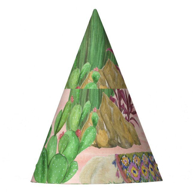 Gorro De Fiesta Llamas acuarelas y patrones de cactus. (Anverso)