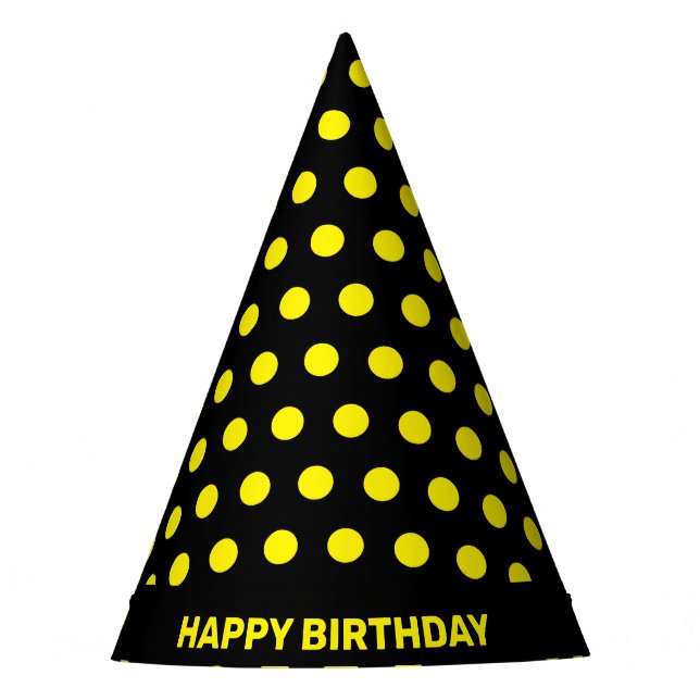 Gorro De Fiesta Lunares Amarillos sobre Cumpleaños Feliz Negro (Anverso)