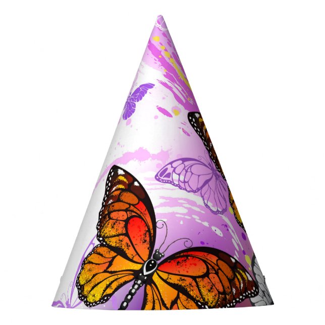 Gorro De Fiesta Mariposas monarcas en fondo morado (Anverso)