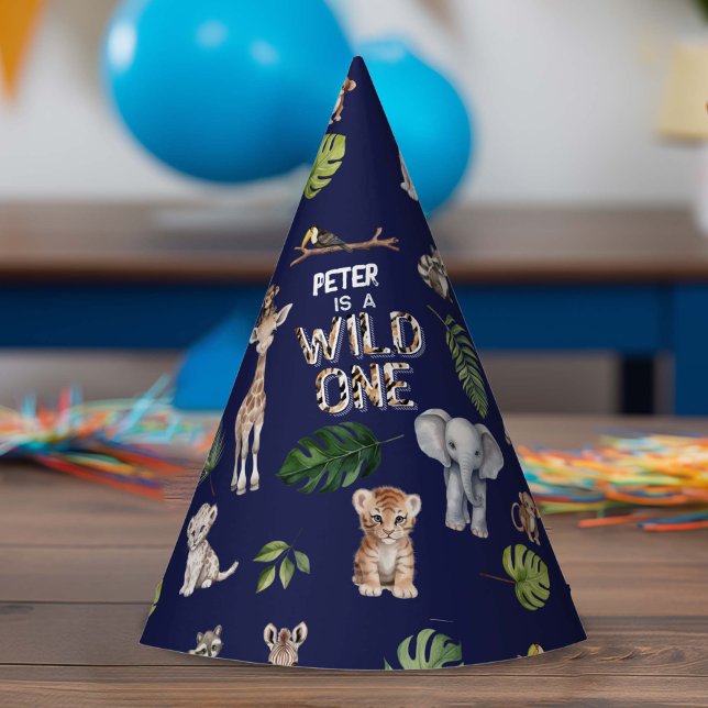 Gorro De Fiesta Navy Blue Jungle Animales salvajes Un primer cumpl (Navy Blue, WIld ONe Jungle animals boy 1st birthday party hat)
