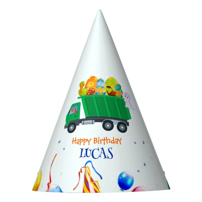 Gorro De Fiesta Niño de cumpleaños de camión de basura de Dinosaur (Anverso)